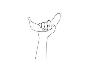 Continuous one line drawing of Hand Holding Banana. Hand holds banana fruit line art drawing vector illustration.