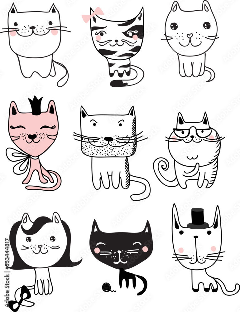 Poster funny cats doodles. set of 9 hand drawn characters in different poses. design elements for print sti