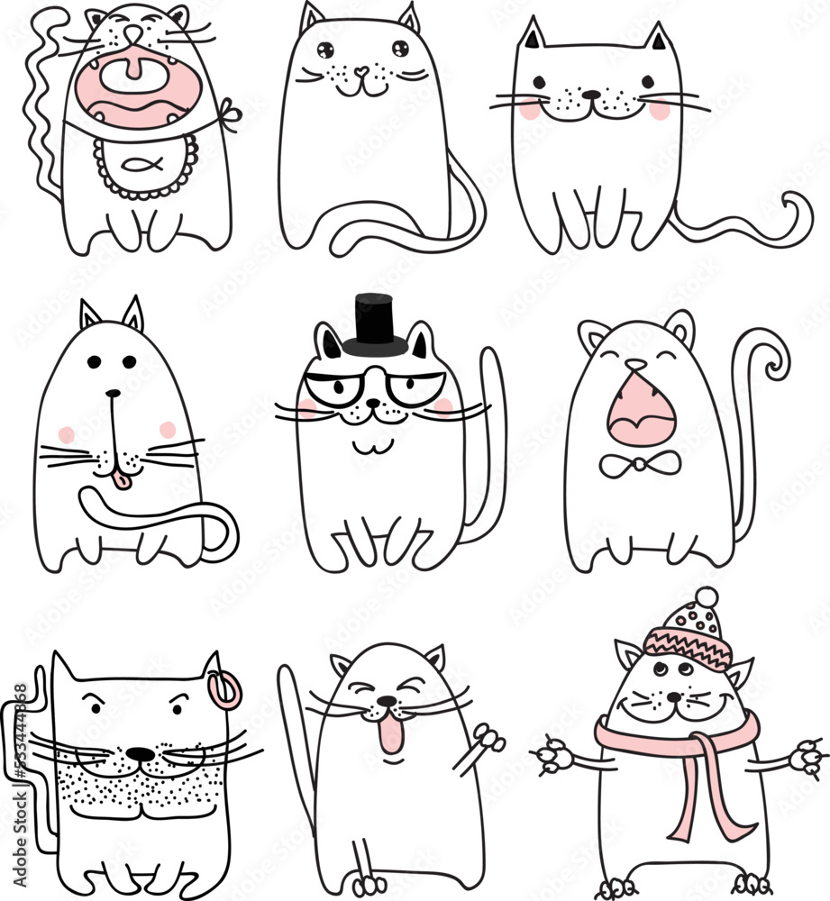 Poster funny cats doodles. set of 9 hand drawn characters in different poses. design elements for print sti