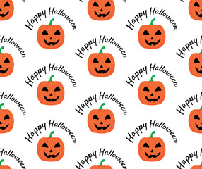 Seamless pattern with smiling pumpkin lantern and happy halloween lettering. Vector illustration