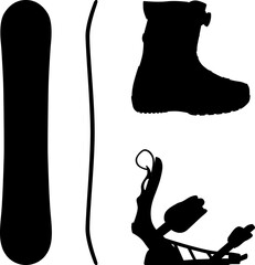Snowboard, Snowboarding equipment set snowboard board, Snowboard bindings and Snowboard boots realistic silhouette