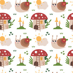 Woodland vector seamless pattern with animals, snail, mushroom, plants, leaves, flowers, sun, cloud