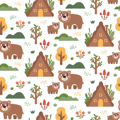 Woodland vector seamless pattern with animals, bear, mushroom, baby bear, house, trees, plants, leaves, berries, flowers