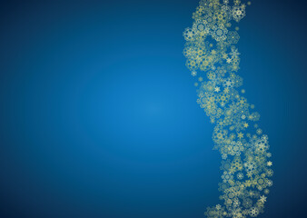 New Year snow on blue background. Gold glitter snowflakes. Christmas and New Year snow falling backdrop. For season sales, special offers, banner, cards, party invite, flyer. Horizontal frosty winter.