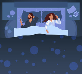 Couple on the bed, Snoring woman suffering from apnea, sleep problems and disorders. Breathing disease concept. Man suffers insomnia 