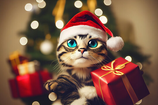 Cat celebrating christmas. Kitten santa claus. Cute kitten with christmas gifts and christmas tree