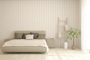 White bedroom interior. Scandinavian design. 3D illustration