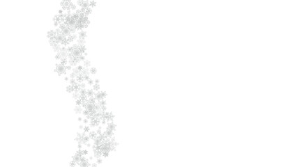 Snowflakes falling on white background. Horizontal Christmas and Happy New Year theme. Silver falling snowflakes for banner, gift card, party invitation, partner compliment and special business offers