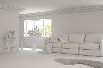 Mock up of stylish room in white color with sofa and green landscape in window. Scandinavian interior design. 3D illustration