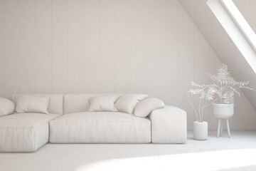 White minimalist living room with sofa. Scandinavian interior design. 3D illustration