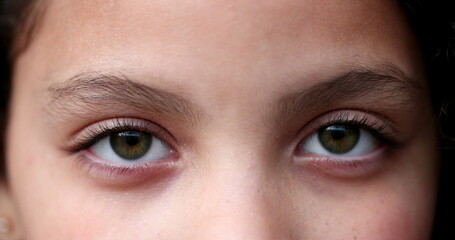 Fototapeta premium Child green eyes macro close-up. Girl face looking at camera