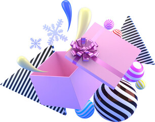 3d Rendering Christmas or new year elements background with decorative balls, and gift boxes. Colorful gifts for holidays. Modern design. Isolated PNG illustration on transparent.
