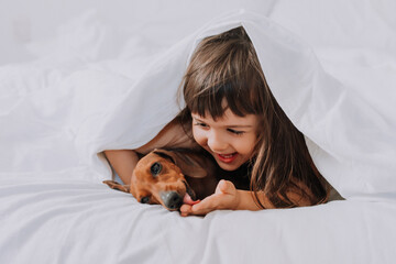 baby little girl hugs dachshund dog at home in bed. white bed linen. love for pets