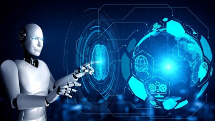 AI hominoid robot touching virtual hologram screen showing concept of big data analytic using artificial intelligence thinking by machine learning process. 3D rendering.