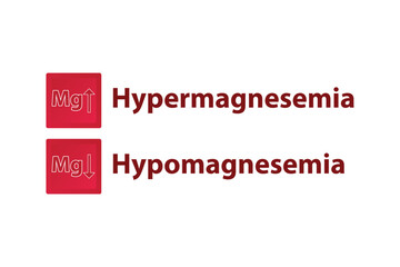 Hypermagnesemia and Hypomagnesemia – Magnesium Mg excess and deficit electrolyte disorder, red and white arrow icon vector illustration - obrazy, fototapety, plakaty