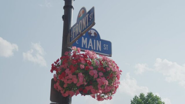 Intersection of Front St and Main St in downtown Marquette, Michigan in summer