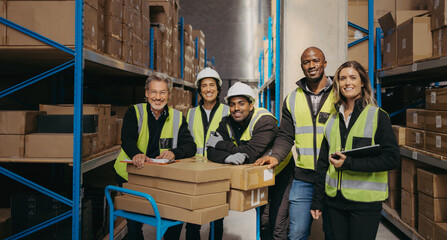 Portrait of a happy warehouse team smiling at the camera