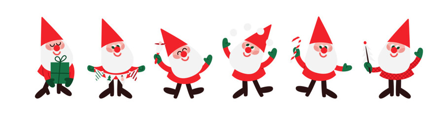 Set of vector Santas characters with bell, present box, Christmas tree, garland, snowballs and candy cane. Vector gnomes in red hats. New Year and Christmas characters isolated on white.
