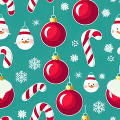 Simple childlike Christmas seamless pattern with geometric motifs. Snowflakes,  circles with different ornaments. Retro textile or wrapping paper design.