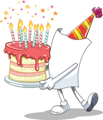 Character holding birthday cake with candles.
Vector cartoon blank paper character holding a plate 
with a delicious cake with candles and celebrating birthday isolated on white.
