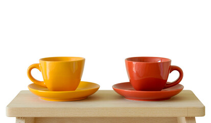 colorful cups on wooden table, isolated cutout