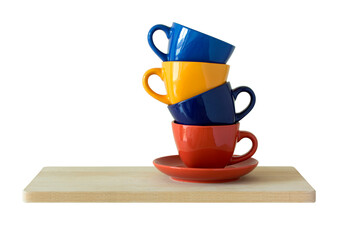 stack of colorful coffee cups on wooden shelves, isolated cutout