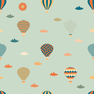 Seamless pattern with balloons, clouds and sun in simple retro style. Perfect print for tee, textile, paper and fabric. Vector illustration for surface design.