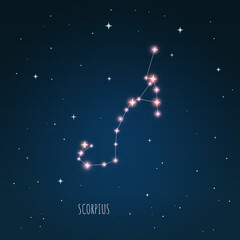Obraz na płótnie Canvas Vector illustration Scorpio constellation, astronomical, dark blue sky, starry sky, starlight, cosmos. Zodiac sign.
