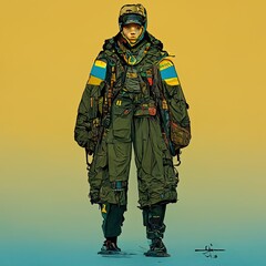 ukrainian soldier in uniform with flag