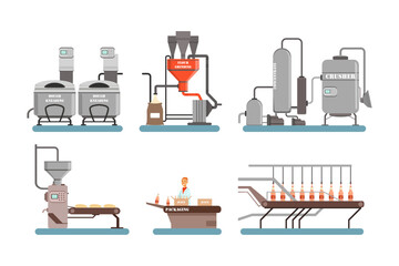 Juice production stainless industrial equipment set cartoon vector illustration - obrazy, fototapety, plakaty