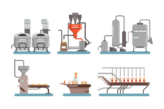 Juice production stainless industrial equipment set cartoon vector illustration