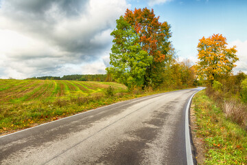 Landscape autumn road with colourful trees, autumn Poland, Europe and amazing blue sky with clouds, sunny day