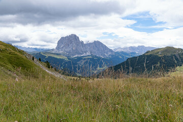Landscape of the dolomites in the surroundings of Seceda on a cloudy day