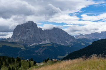 Naklejka premium Landscape of the dolomites in the surroundings of Seceda on a cloudy day