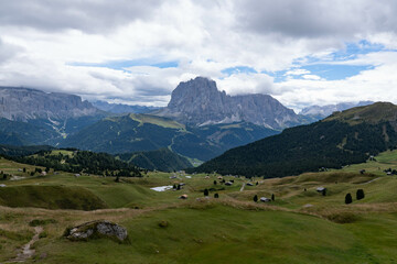 Landscape of the dolomites in the surroundings of Seceda on a cloudy day