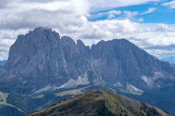 Landscape of the dolomites in the surroundings of Seceda on a cloudy day