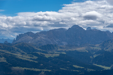 Landscape of the dolomites in the surroundings of Seceda on a cloudy day