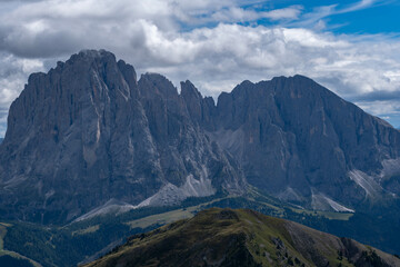 Landscape of the dolomites in the surroundings of Seceda on a cloudy day