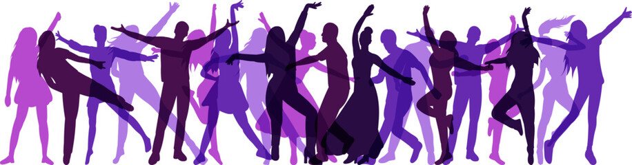 Fototapeta na wymiar crowd of dancing people silhouette on white background isolated