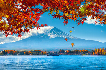 Japanese autumn season. Fuji mountains near kawaguchiko lake in autumn in Japan.