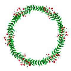 Watercolor Christmas wreath. Greenery branches, and red berries. Isolated hand drawn illustration on white background