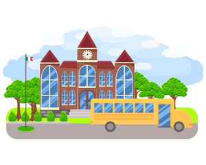 School building with school bus and manicured plants around the school, clipart, school illustration with italy flag, poster