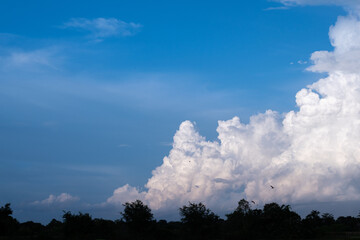 nice blue sky and big white clouds , there is a lightly rainbow in the sky, foreground of meadow and water in blue sky background