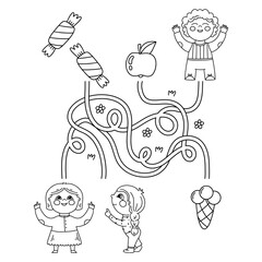 Maze or Labyrinth Game. Puzzle. Tangled road. Coloring Page Outline with cartoon children with sweets and fruit. Coloring book for kids.