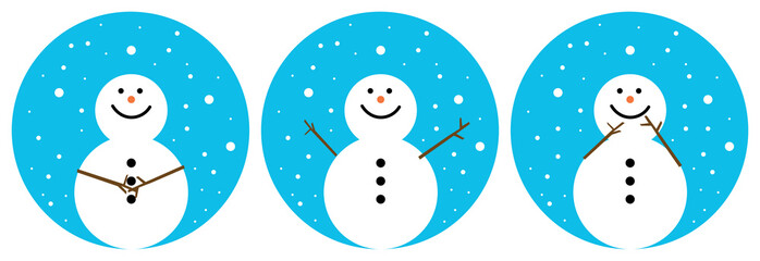 Set of funny snowmen, with blue circular backgrounds and snowflakes, vector. winter concept