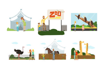 People visiting zoo at weekend set. Visitors watching at wild animals in cages cartoon vector illustration