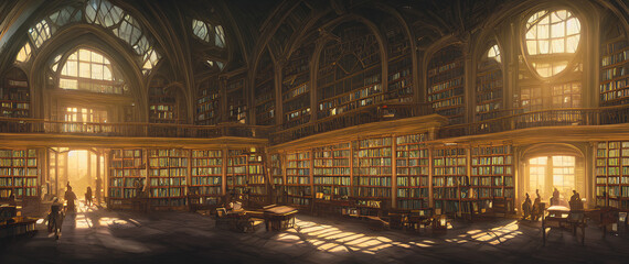 Artistic concept painting of a beautiful library interior, background illustration. - obrazy, fototapety, plakaty