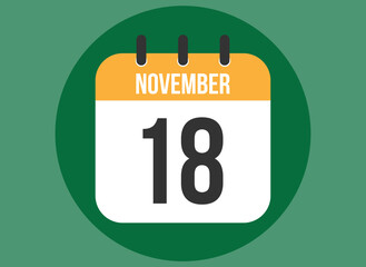 18 November green calendar vector. Calendar november with circle in background clear.
