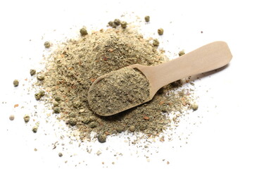 Mix seasoning, sea ​​salt, basil, other spices and lemon peel ( ​​salt, basil, cane sugar, garlic, lemon peel, green peppercorns, ground black pepper, ground chilies) isolated on white, top view