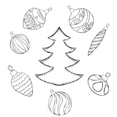 Сhristmas decorations, holiday, New Year decor: Christmas trees, fireworks, decorations, bells, candles, Santa Claus, gifts, angels, Christmas star. For holiday decor. Contour hand drawing in doodle 
